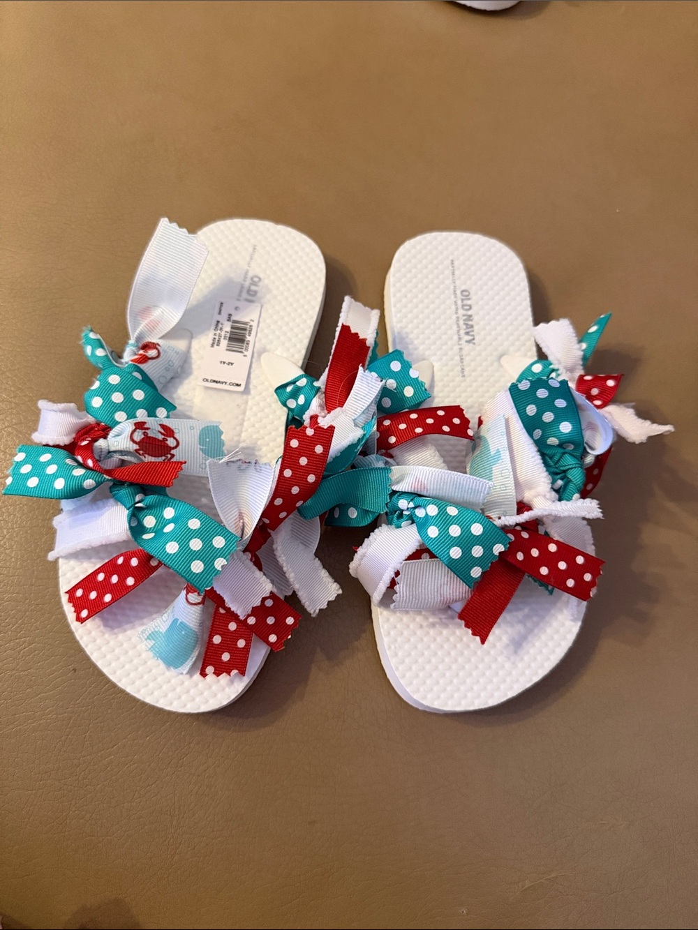 Old Navy White Kids' Ribbon Knot Flip Flops with Red & Teal Accents